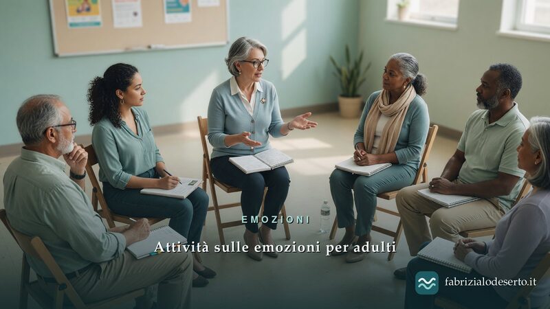 Adulti in un laboratorio di gruppo durante attività sulle emozioni per adulti