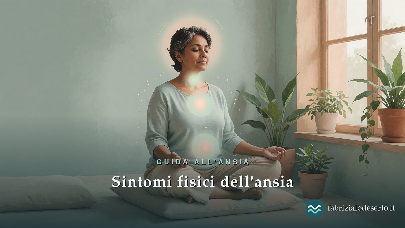 Illustrazione di una persona serena con i principali sintomi fisici dell'ansia evidenziati sul corpo
