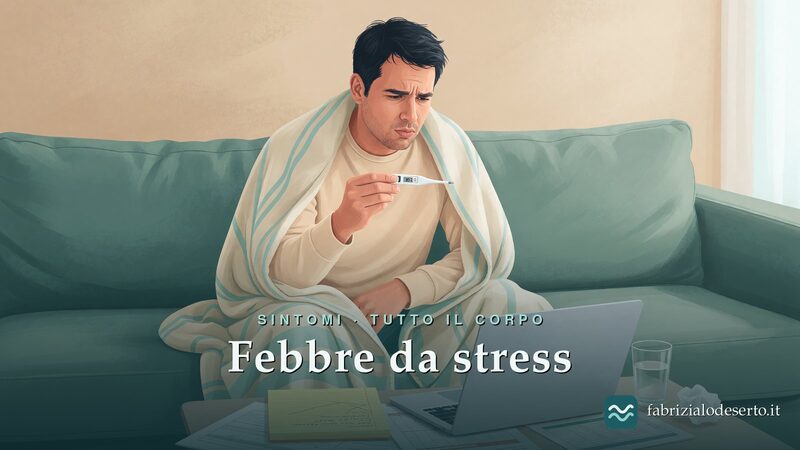Uomo che controlla il termometro sul divano: la febbre da stress e la sensazione di febbre