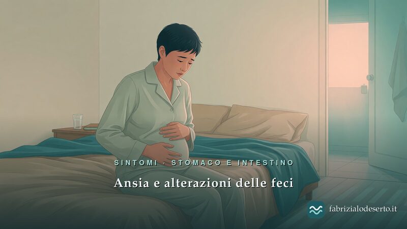 Persona con le mani sulla pancia che riflette sulle alterazioni delle feci legate all'ansia
