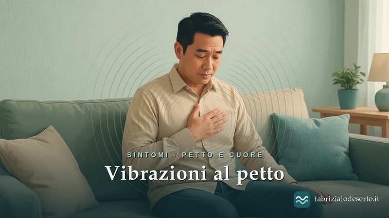 Uomo seduto con la mano sul cuore che avverte vibrazioni al petto in un momento di ansia